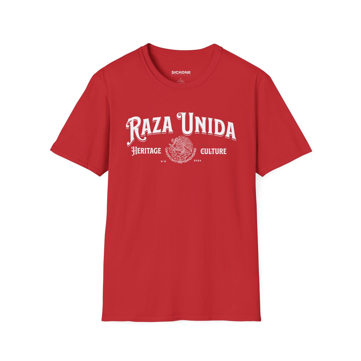 Red t-shirt with white text and logo on a white background