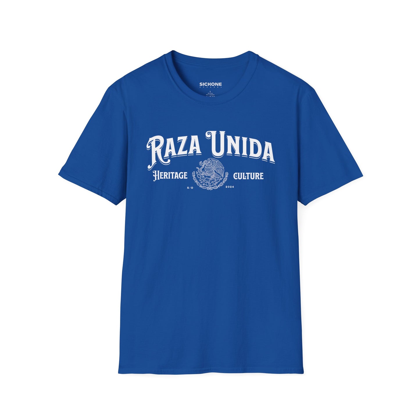 Blue t-shirt with 'Raza Unida Heritage Culture' text on a white background