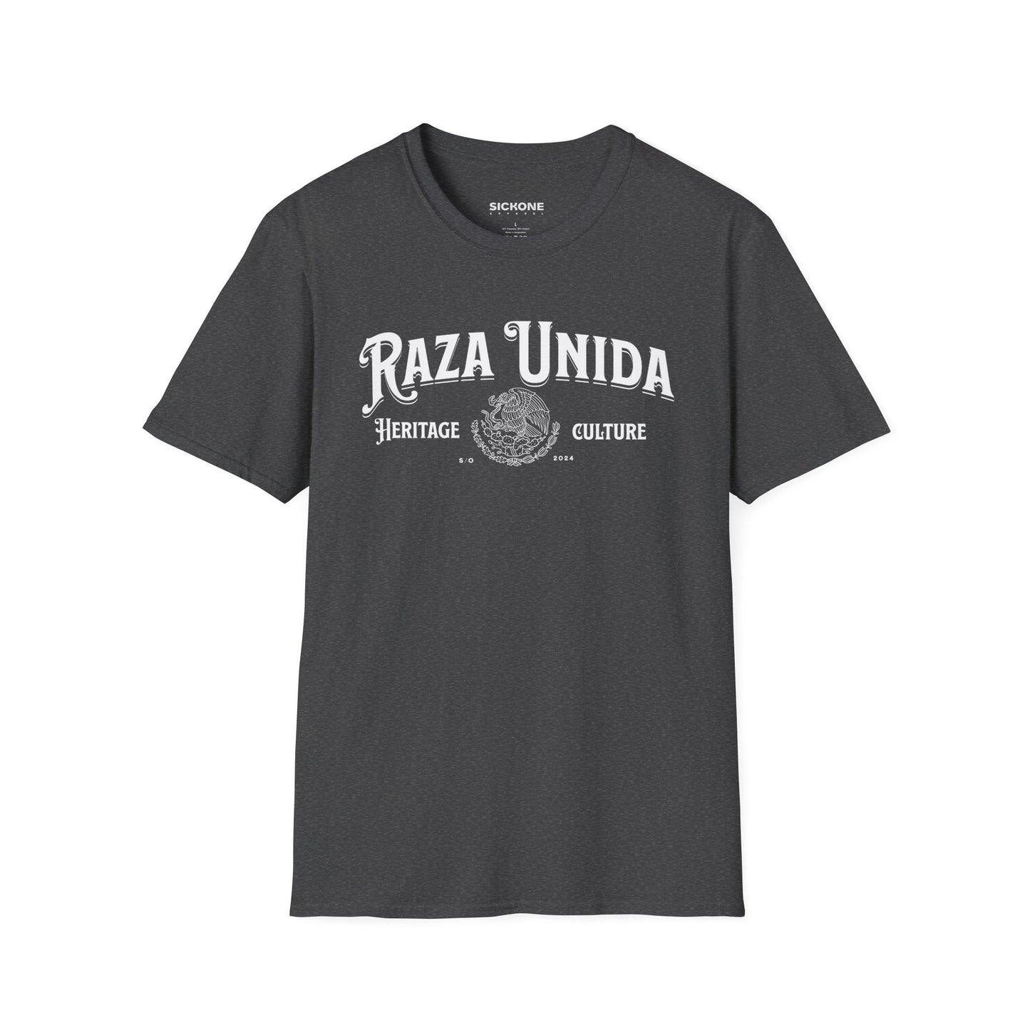 Gray t-shirt with 'Raza Unida' text and logo on a white background