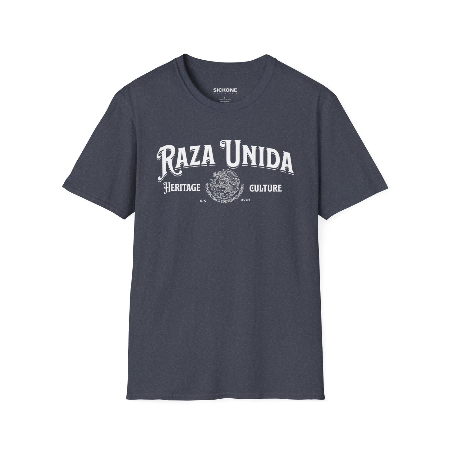 Gray t-shirt with 'Raza Unida' text and logo on a white background